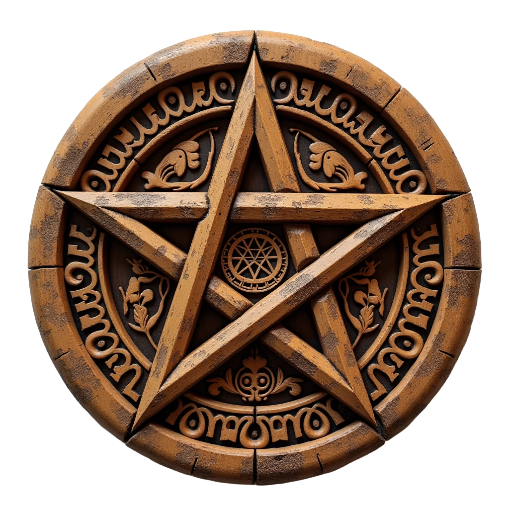 Wooden Pentacle with Runes and Symbols